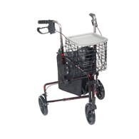 Drive 10289RD 3 Wheel Walker Rollator w/ Basket Tray & Pouch-Flame Red