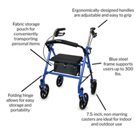 McKesson 146-10257BL-1-McKesson Folding Steel Four-Wheel Rollator, Blue, Rollators