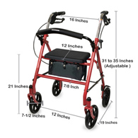 McKesson 146-10257RD-1 Folding Steel Four-Wheel Rollator, 12 in Seat Width, Red, Rollators (EA/1)