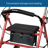 McKesson 146-10257RD-1 Folding Steel Four-Wheel Rollator, 12 in Seat Width, Red, Rollators (EA/1)