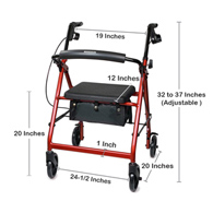 McKesson 146-R726RD-McKesson Folding Aluminum Four-Wheel Rollator, Red, Rollators
