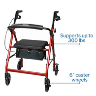 McKesson 146-R726RD-McKesson Folding Aluminum Four-Wheel Rollator, Red, Rollators