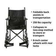 McKesson 146-TR39E-SV Lightweight Transport Chair, 19 in Seat Width, Silver Vein Finish