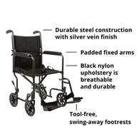 McKesson 146-TR39E-SV Lightweight Transport Chair, 19 in Seat Width, Silver Vein Finish