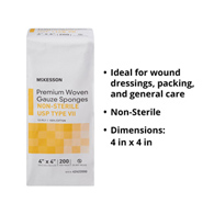 McKesson 42422000-McKesson NonSterile USP Type VII Gauze Sponge, 4 x 4 Inch, Gauze Dressings (PK)