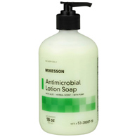 McKesson 53-28087-18 Antimicrobial Lotion Soap, Herbal Scent, 18 oz, Pump Bottle, Green, 0.95% Strength, Soaps (CS/12)