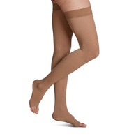 Sigvaris Women's Essential Opaque Thigh-High w/Grip-Top Stockings, 30-40 mmHg, Light Beige, Open Toe