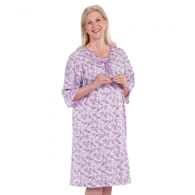 Silverts SV26000 Pretty Cotton Hospital Gown With Snaps-Mauve Flower-Small